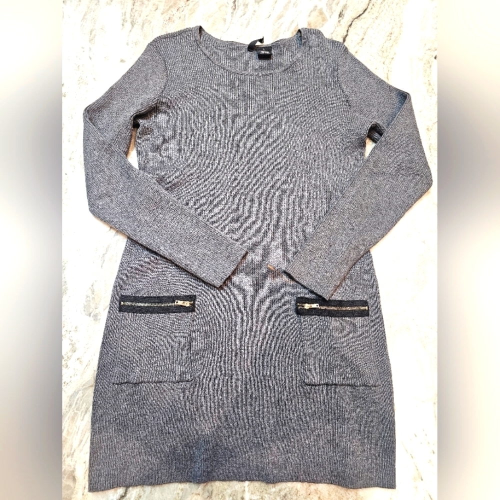 New Directions Gray Ribbed Sweater Dress Women’s Large Long Sleeve Zip Pocket